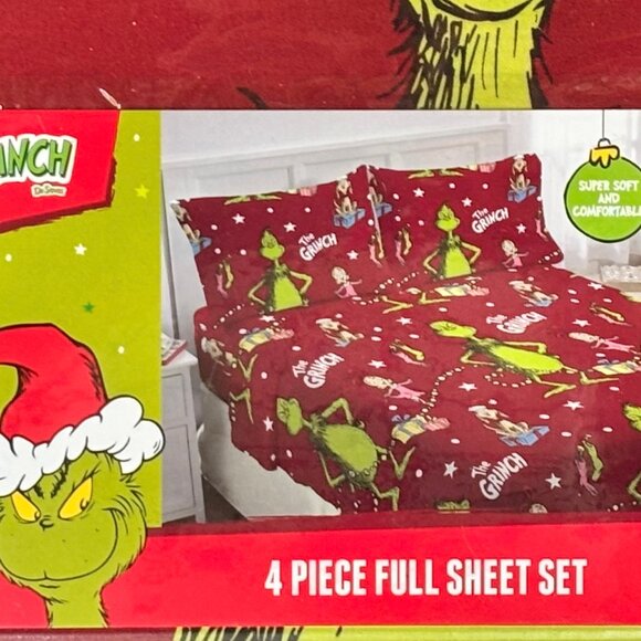 Dr. Seuss Grinch FULL Size Sheet Set - Christmas Holiday Whoville (4-pc set)